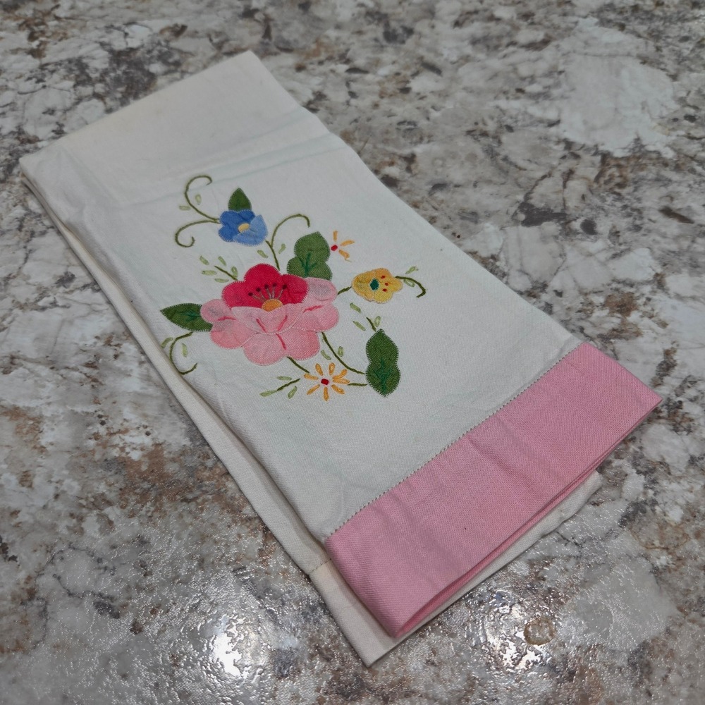 Vintage‎ Linen Tea Towel Pink Floral Hand Embroidered White Kitchen Decor